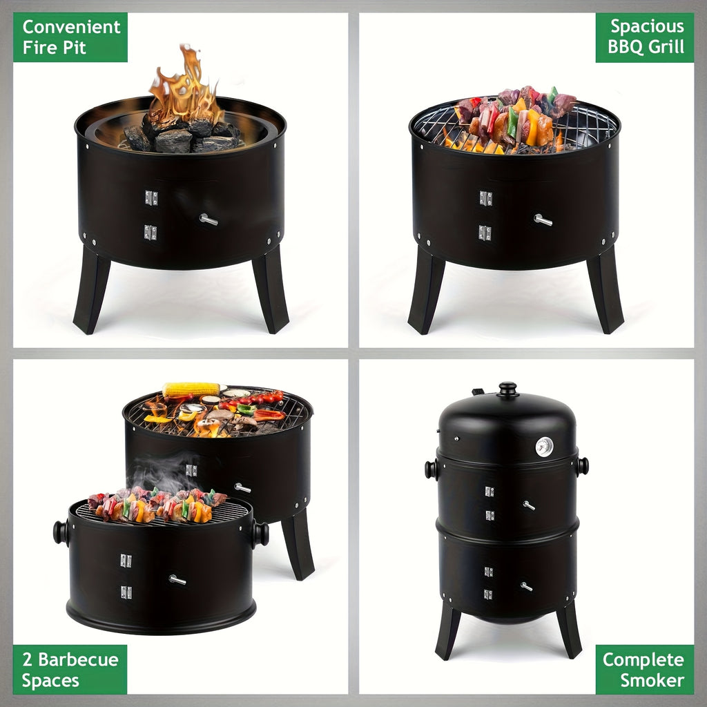 3-In-1 Portable Charcoal Smoker Grill with Built-In Thermometer, Adjustable Height BBQ Grill & Fire Pit, Large Cooking Grate, Charcoal Grill Outdoor Grill for Camping, Backyard, Tailgating, Father's Day Gift for Dad, BBQ Gifts for Men
