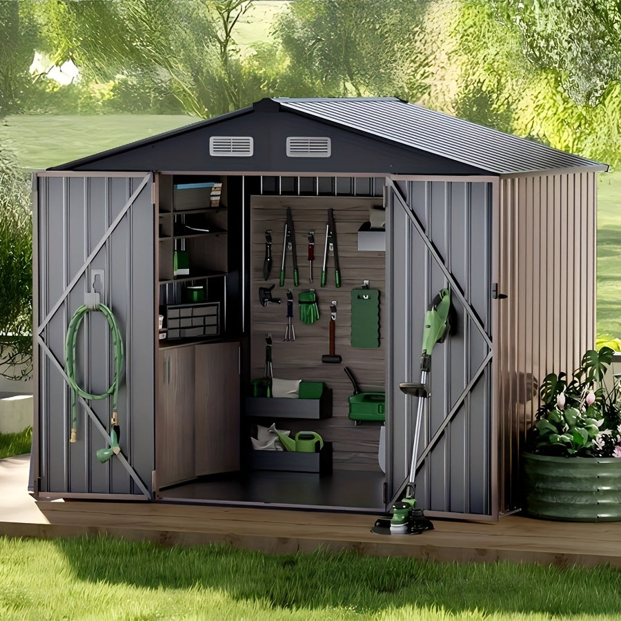 [Metal Storage Shed] 8x6ft (7.33'x5.28' Base, No Floor), 6 X 4ft, 10x12ft, 10x14ft, Metal Steel Outdoor Storage Shed with Air Vent & Lockable Doors, for Garden, Patio And Backyard, Tools, Bike