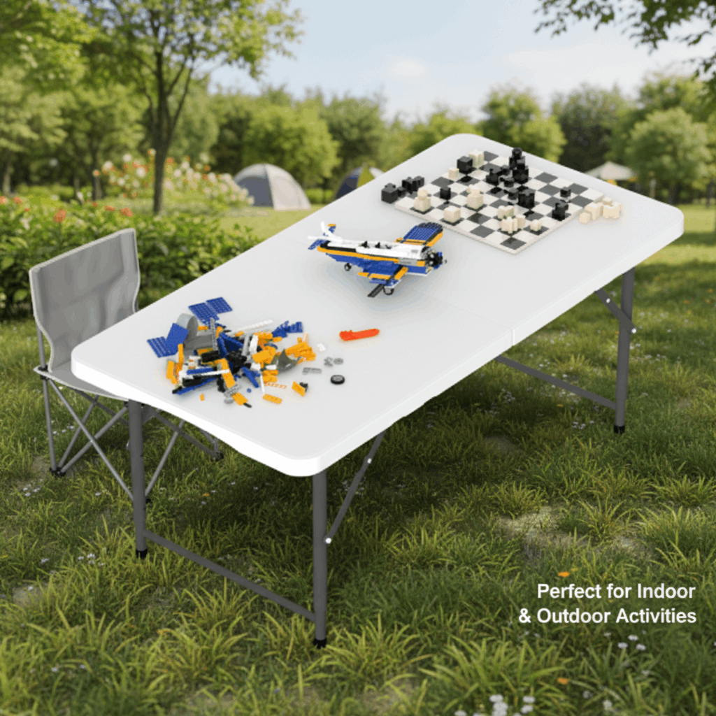 4 FT Plastic Folding Camping Table, 3-Level Adjustable Height Portable Table, HDPE Indoor Outdoor Table for Party, Picnic, Dining, Garden & Party Activities, White