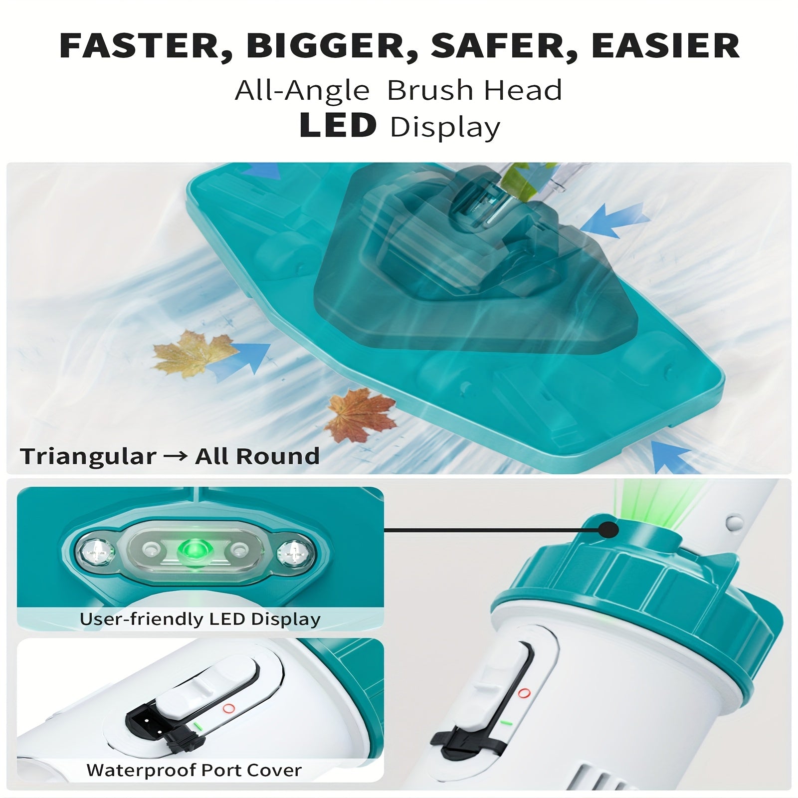 Cordless Pool Vacuum for Above Ground Pool 19.5 GPM, All-Angle Head&LED Display, Handheld Rechargeable Spa Vacuum Cleaner for Inground Pools for Hot Tub, IPX8, Leaves, Debris, Shallow Steps