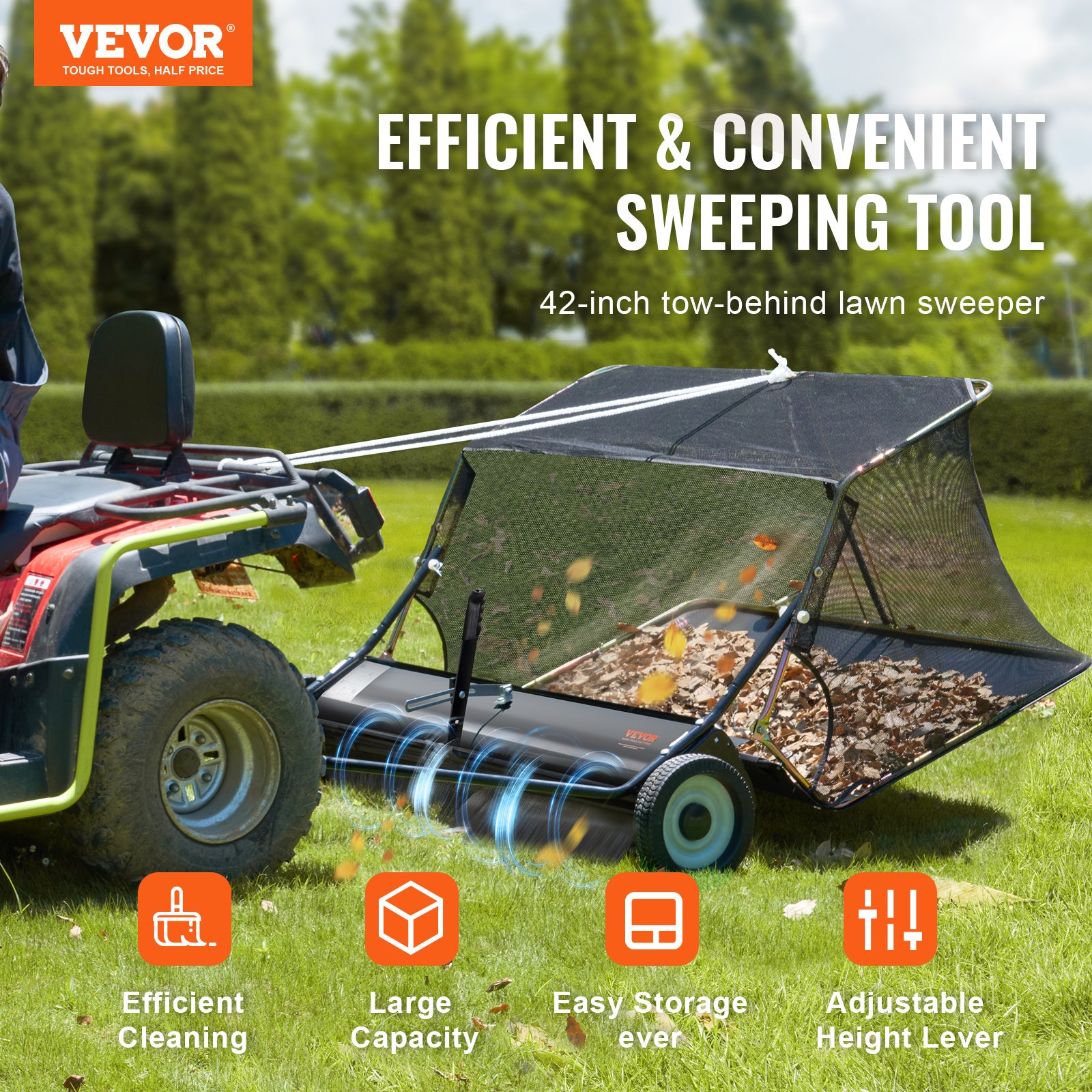 VEVOR Push Lawn Sweeper, 21-inch Leaf & Grass Collector, Strong Rubber Wheels & Heavy Duty Thickened Steel Durable to Use with Large Capacity 3.5 cu. ft. Mesh Collection Bag, 2 Spinning Brushes