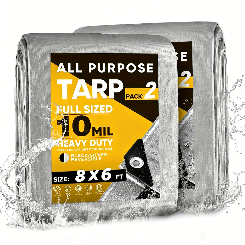 2 Pack Heavy Duty Waterproof Canvas Tarps 8X6Ft 10Mil Thick Black Silver Polyester with Reinforced Edges Rustproof Grommets for Roof Pool Boat Cover