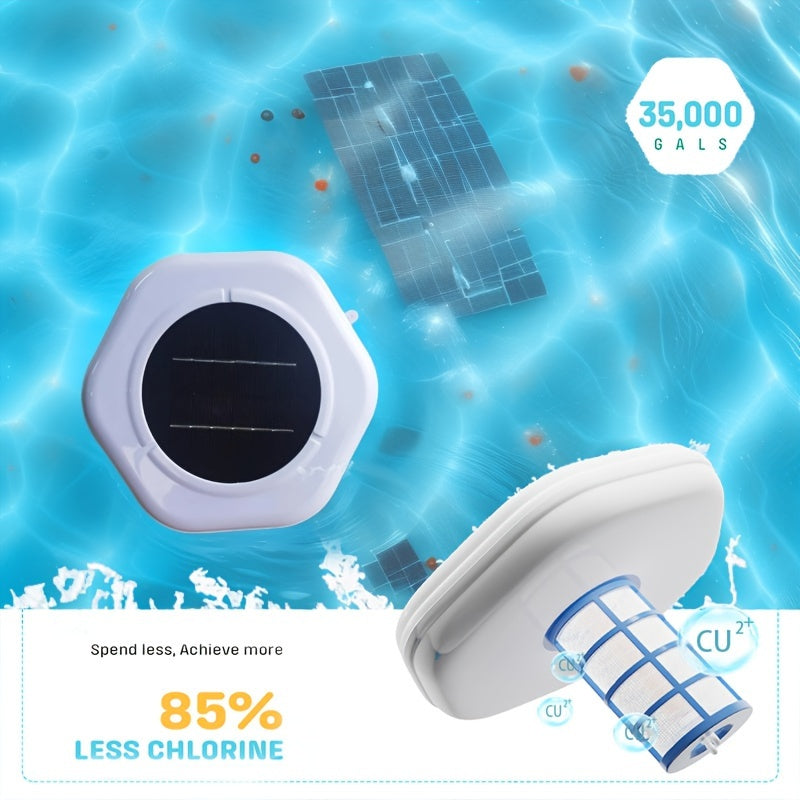 Solar Pool Ionizer, 85% Less Chlorine, Floating Water Cleaner, High Efficiency, 2 Copper Rods, 2 Mesh Basket, 2 Cathodes, Compatible with Fresh And Salt Water Pools & Spa, Spa Maintenance, Water Purification, Floating Cleaner, Solarpowered Design, Copper