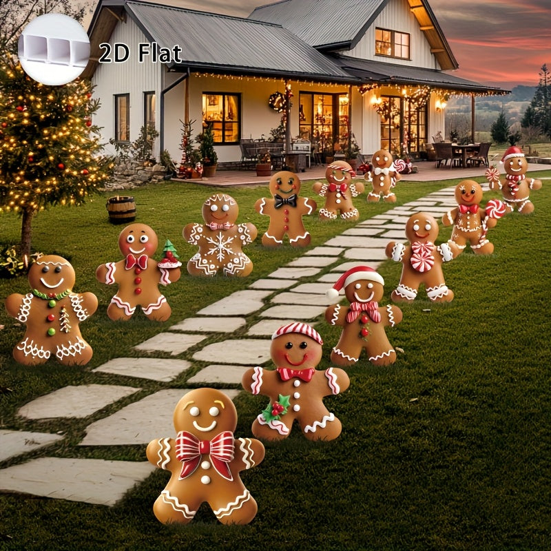 2D Flat, 12pcs Christmas Gingerbread for Man Yard Signs with Stakes - Xmas Gingerbread Yard Stakes Lawn Signs for Christmas Holiday Pathway Garden Patio Party Favors, 2D Flat