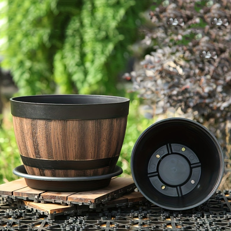 1pc Retro Whiskey Barrel Planter, Resin Striped Garden Pot with Drainage Holes and Tray, Casual Style Plastic Oval Plant Container for Herbs, Flowers, Succulents, Indoor and Outdoor Use Gardening Gift,home Decor