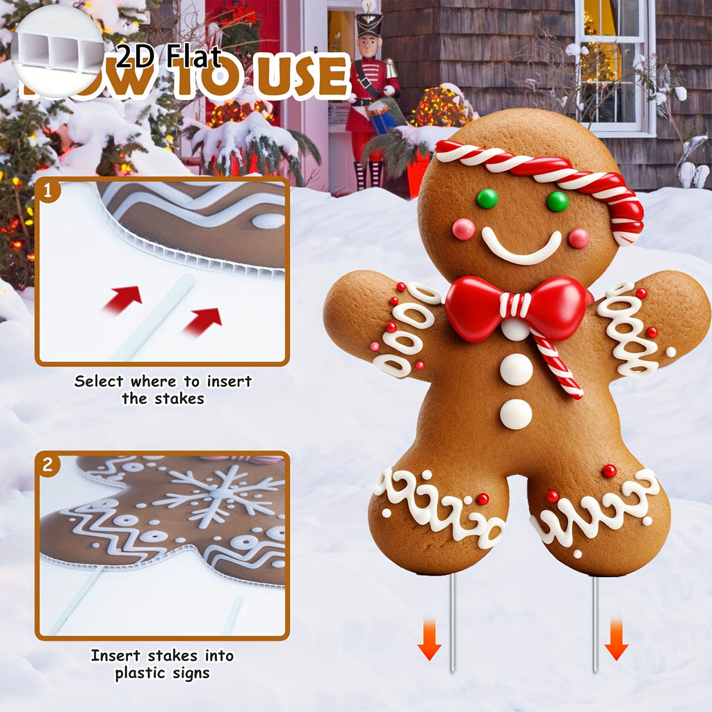 2D Flat, 12pcs Christmas Gingerbread for Man Yard Signs with Stakes - Xmas Gingerbread Yard Stakes Lawn Signs for Christmas Holiday Pathway Garden Patio Party Favors, 2D Flat