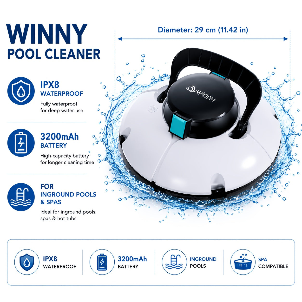 Swimming Pool Robot Vacuum Cleaner, Transparent Designed Pool Vacuum Cleaner with Strong Suction Power, Suitable for Flat Swimming Pools Over 35 Feet, Powerful And Long-Lasting