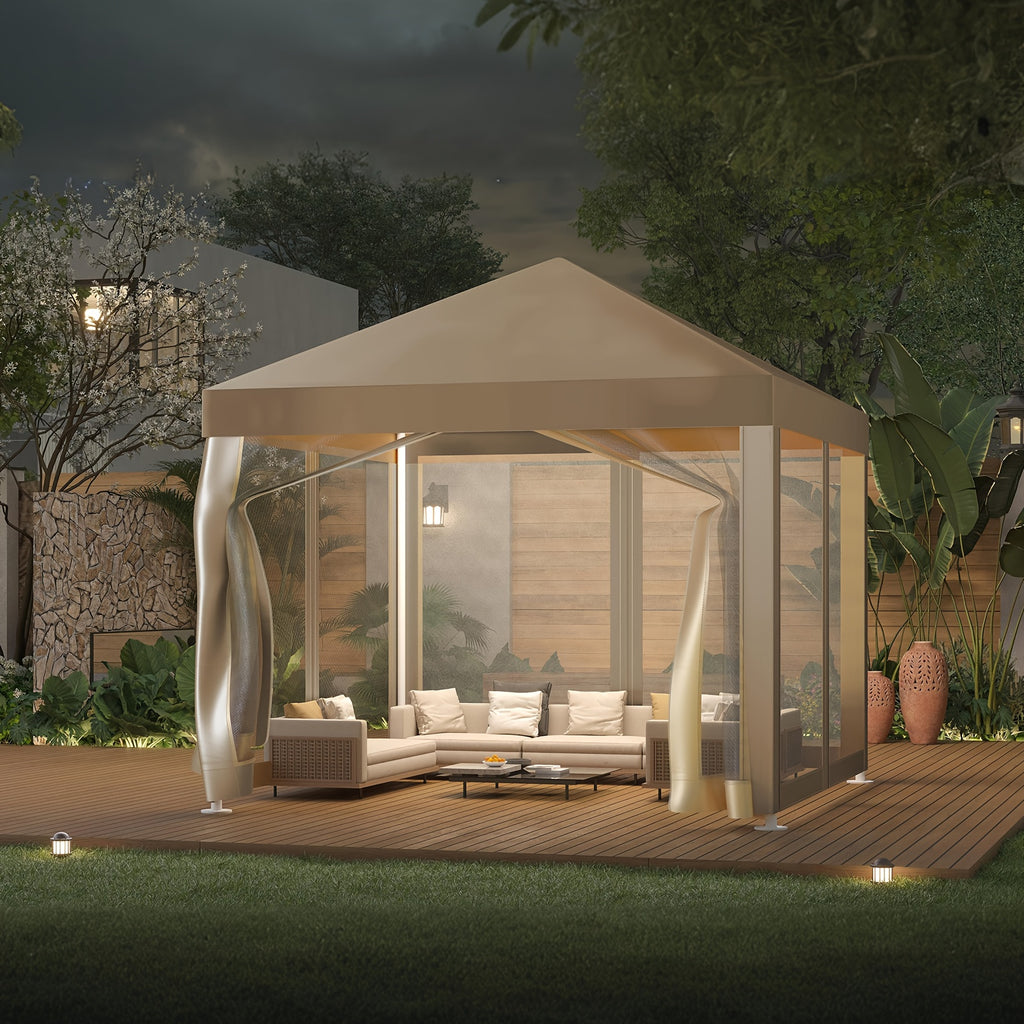 10x10 Outdoor Canopy Tent with Mosquito Netting, Portable Easy Up Outdoor Screen House Shelter Fully Sealed for Patio, Camping And Picnic(Tan)