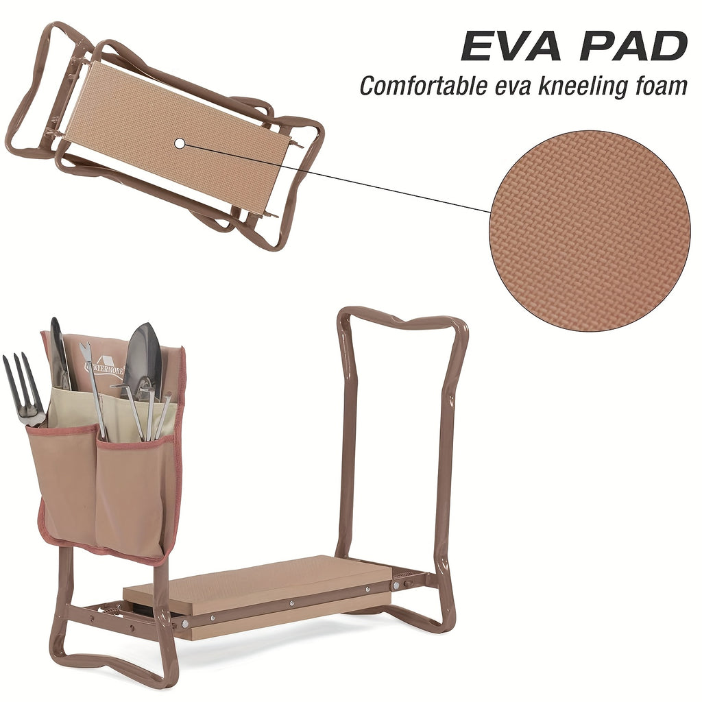 Garden Kneeler And Seat, Foldable Bench Stool with Tool Pouch And Garden Gloves, Thicken And Wide Soft EVA Seat for Gardening, Brown