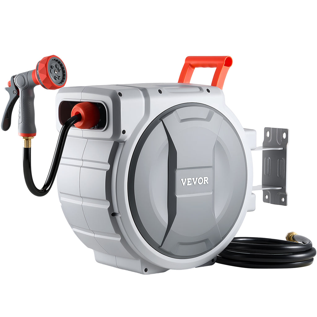 VEVOR Retractable Garden Hose Reel, 1/2 in x 100 ft, Wall Mounted Hose Reel with 9-Function Sprayer Nozzle and 180° Swivel Bracket, Any Length Lock, Automatic Slow Rewind System, for Garden Watering
