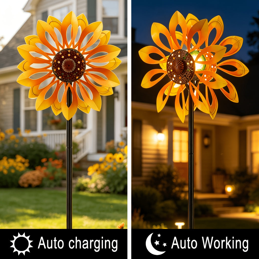 Outdoor Patio Landscape Decor, Solar Powered Metal Sunflower Wind Spinner with Night Glow Light, Collects Sun Energy During The Day And Shines After Dark, Weatherproof Kinetic Rotation Design for Garden Yard Lawn Decorative Ornament