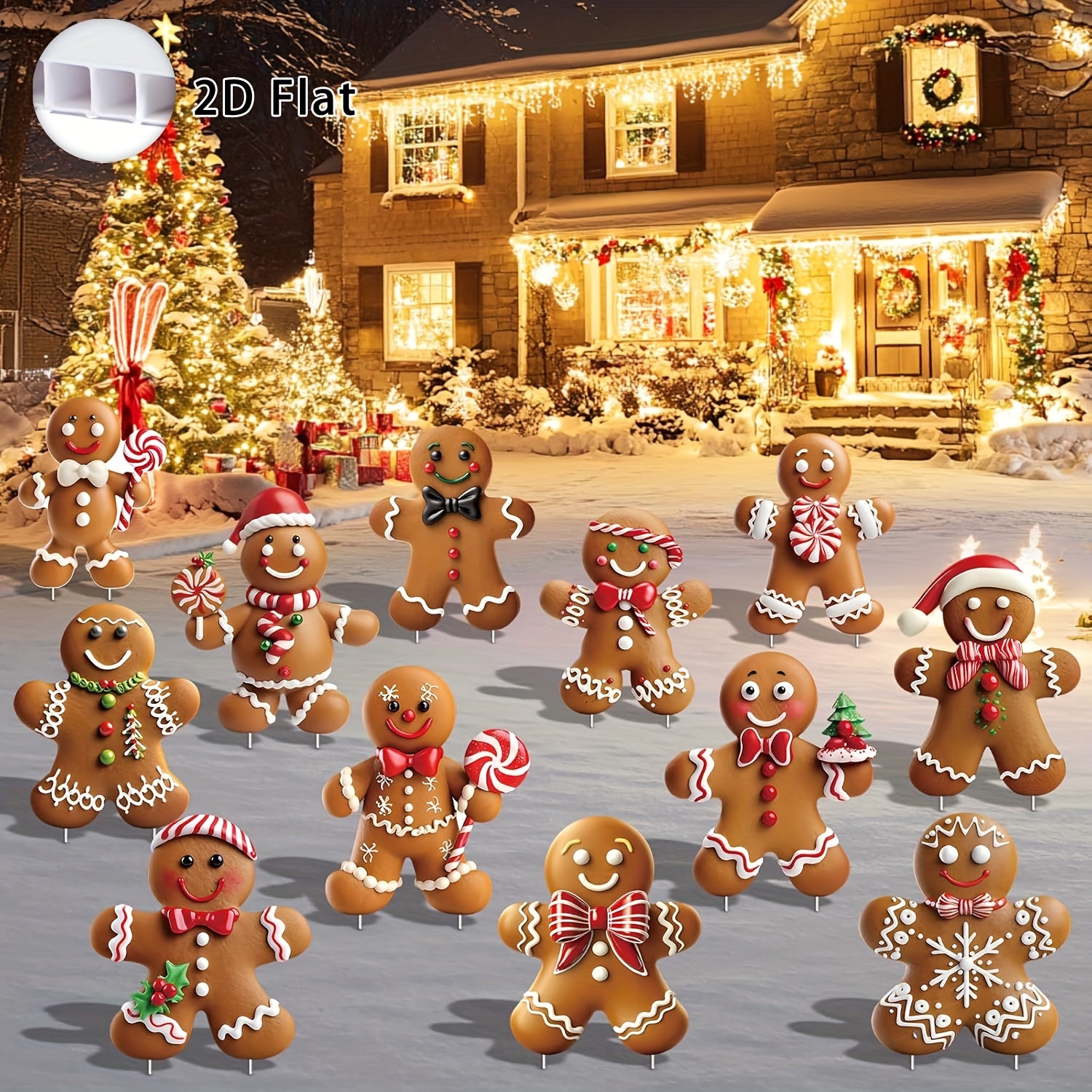 2D Flat, 12pcs Christmas Gingerbread for Man Yard Signs with Stakes - Xmas Gingerbread Yard Stakes Lawn Signs for Christmas Holiday Pathway Garden Patio Party Favors, 2D Flat