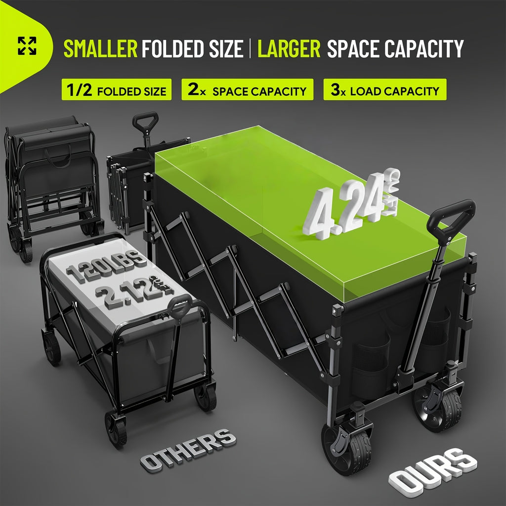 220LBS/ 450LBS/ 600LBS All Terrain Heavy Duty Folding Cart, Large Capacity Camper Suitable for Yard Shopping/ Sports/ Outdoor/ Gardening Equipment Handling, Black Multifunctional Utility Cart