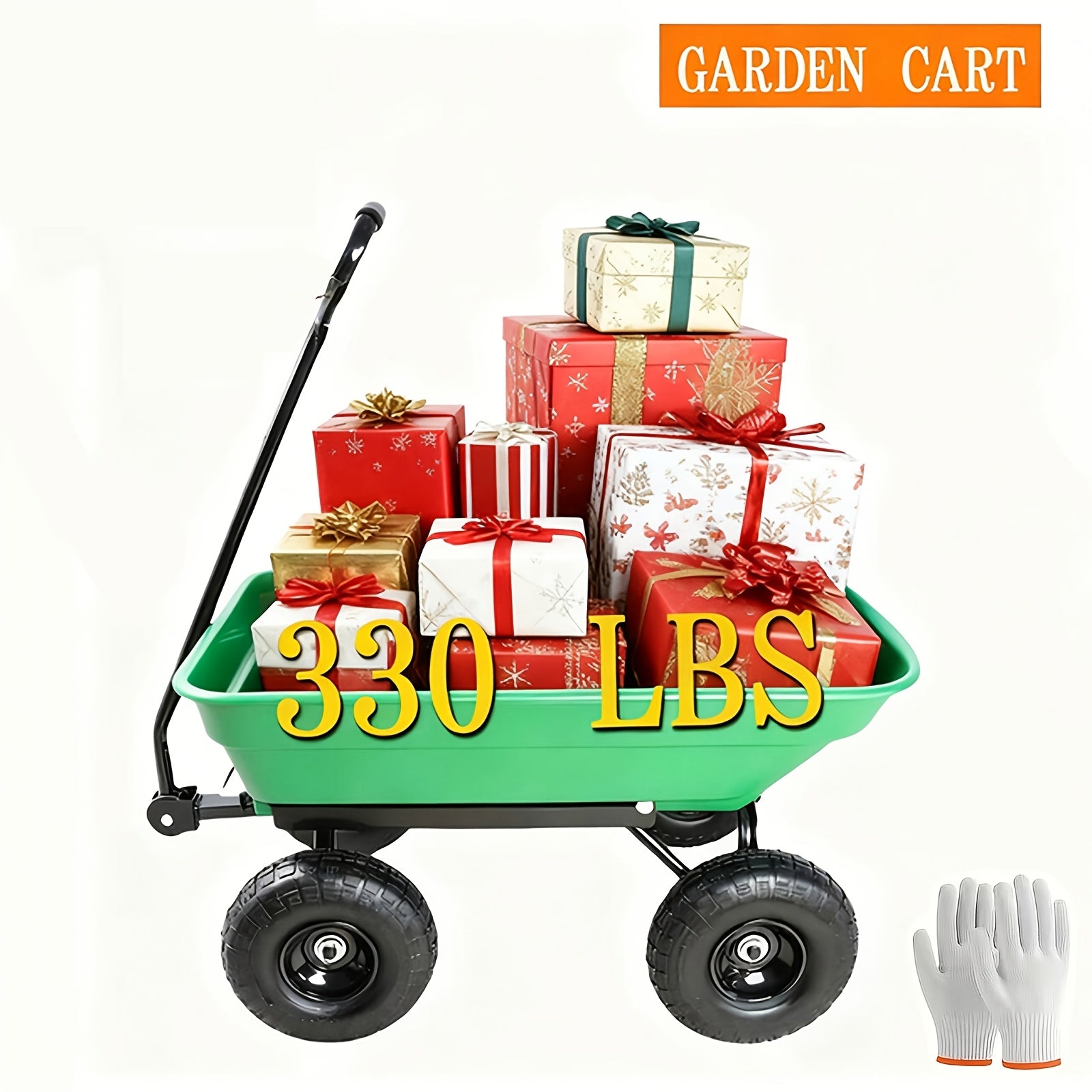 [Heavy-Duty Garden Cart] Heavy-Duty Steel Frame Garden Cart Yard Wagon | 220 Lb. Capacity, Quick-Release Dump Mechanism, All-Terrain 10" Pneumatic Tires - Green, Durable Plastic Body - for Lawn, Farm, Construction