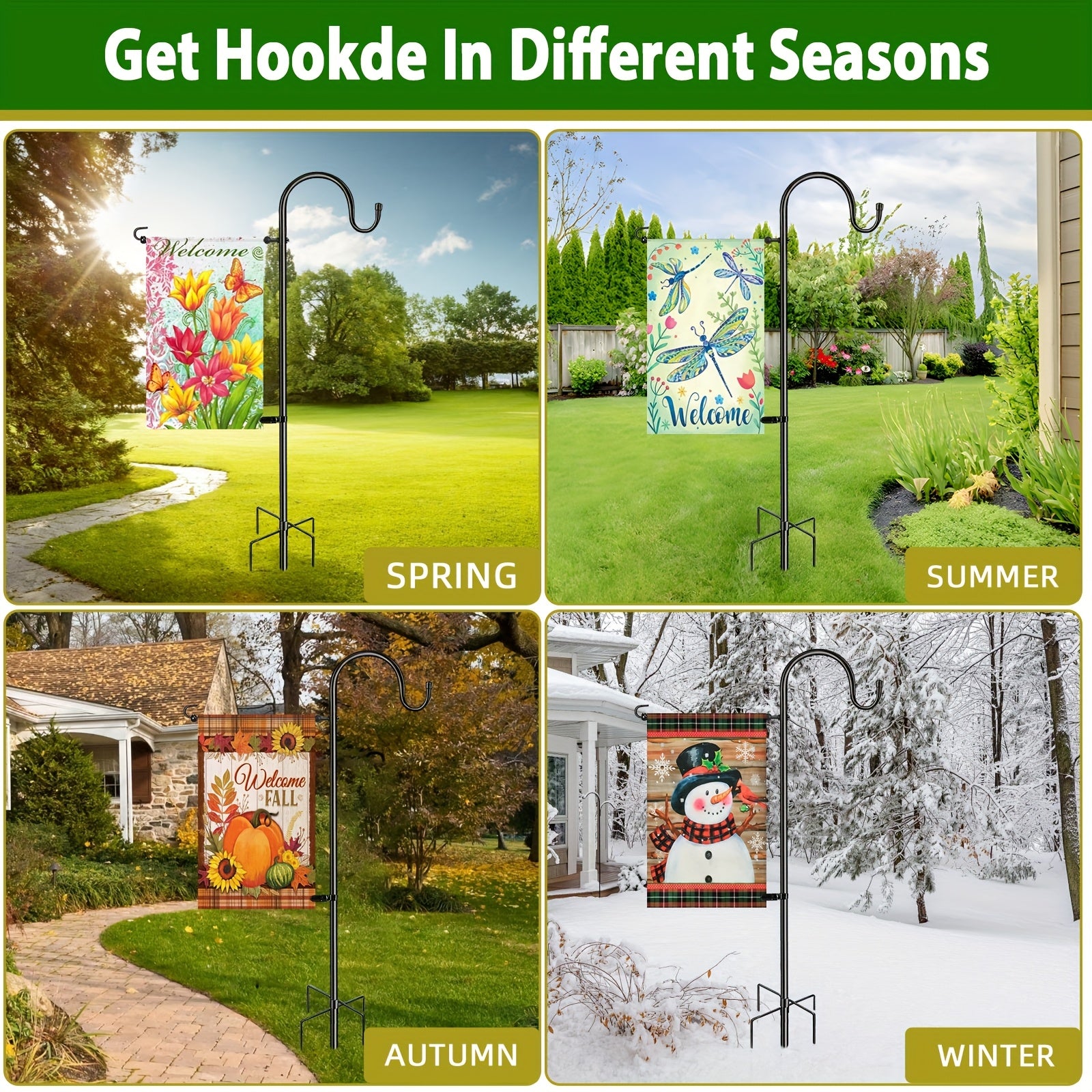 Fekyaeta Garden Flag Holder Stand And Shepherds Hooks, 47 Inch Height with 1/2 Inch Thick Metal Garden Flag Pole-Outdoor Lawn Yard Flag Holder Stake for Small Flag 12x18, Solar Lights-Mini Flag Holder