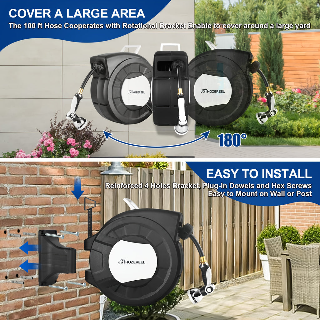 100ft X 1/2" Retractable Garden Hose Reel, Decorative Outdoor Garden Hose Reels - Automatic Self Retract Wall Mount Hose Reel Enclosed Storage, Any Length Lock, 10Pattern Nozzle-Black & White