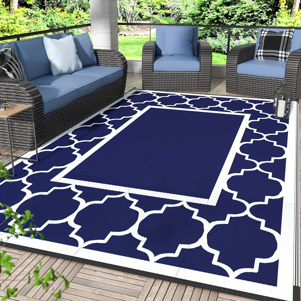 Outdoor Rug for Patio, Large Mat, Reversible Plastic Camping Rugs, Porch, Deck, Camper, Balcony, Backyard, Black And White