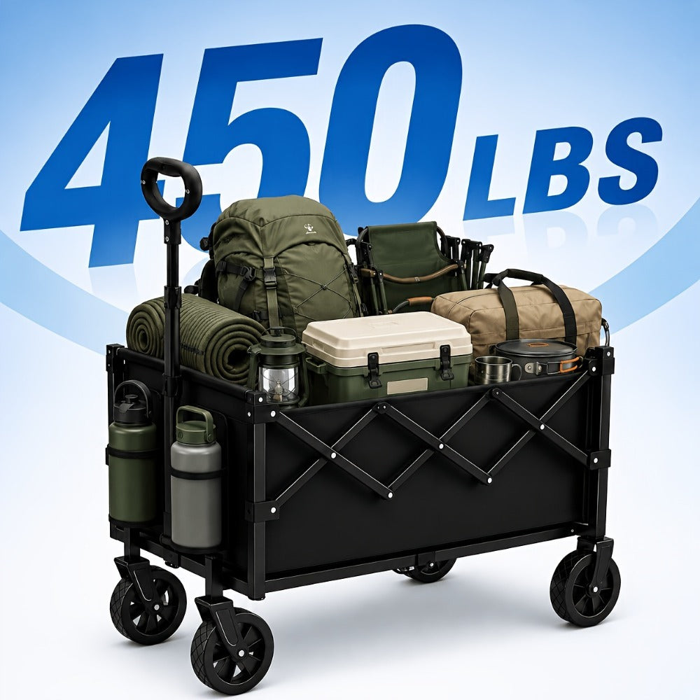 360 Degree All Terrain Folding Heavy Duty Garden Utility Wagon 450 600 Pounds Capacity Multipurposed Transport Cart for Camping Shopping Sports Equipment Black