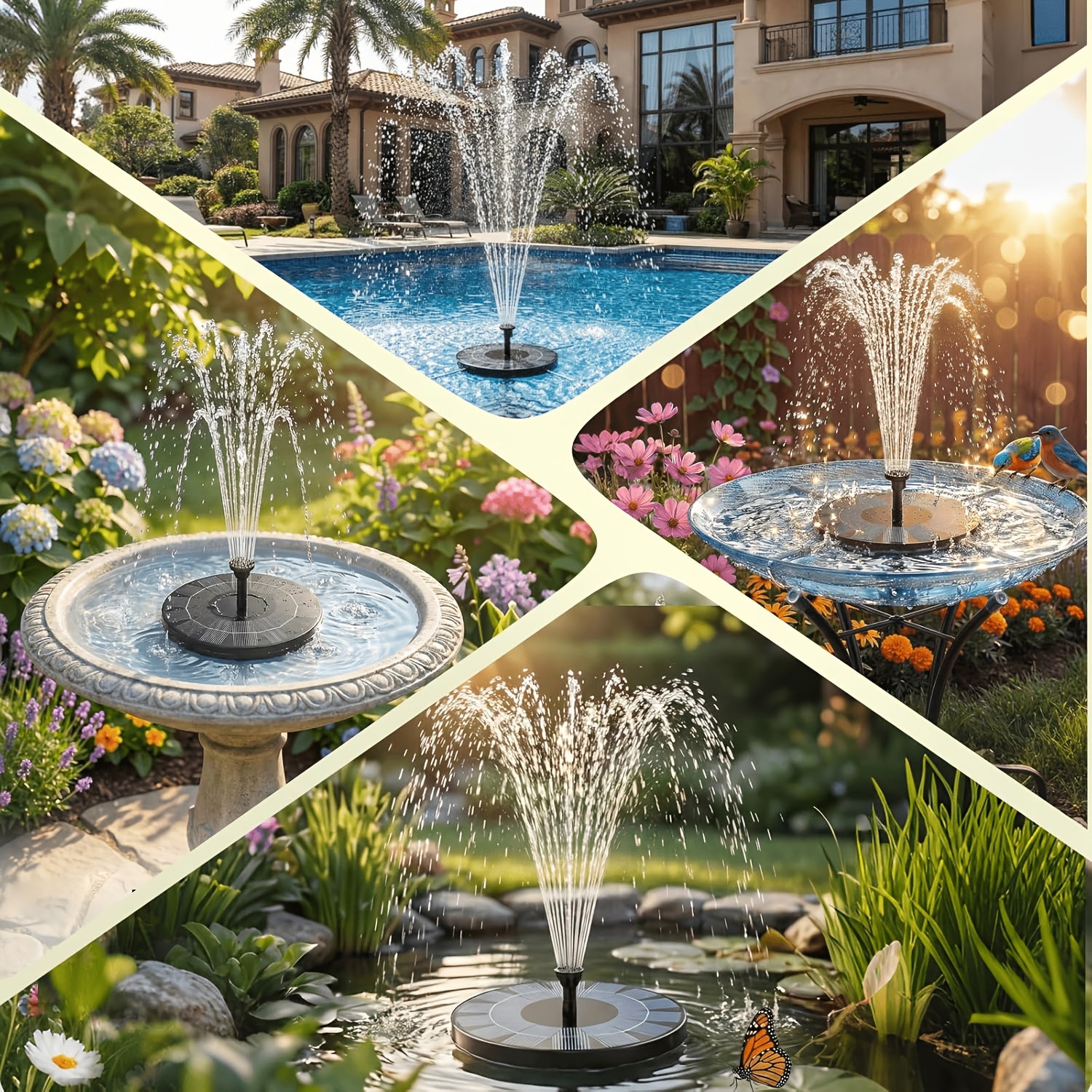 1W/1.5WSolar Polysilicon Panel Fountain Pump, Diameter 13cm, IPX8 Free Standing Floating Solar Powered Water Fountain Pump, 8 to 20 Inches Water Spray, Outdoor Watering Submersible Pump for Pond, Pool, Garden, Fish Tank, Yard, Birdbath