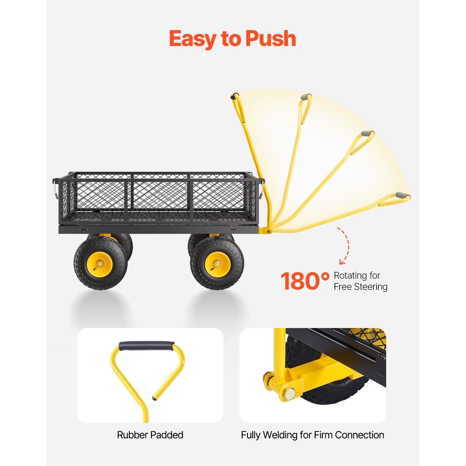 Vevor 500/1200/1400 Lbs Steel Garden Cart, Heavy Duty Pullable Cart with Wheels for Garden, Metal Yard Utility Wagon with 10" All Terrain Tires, Removable Mesh Sides and 180° Rotating Handle