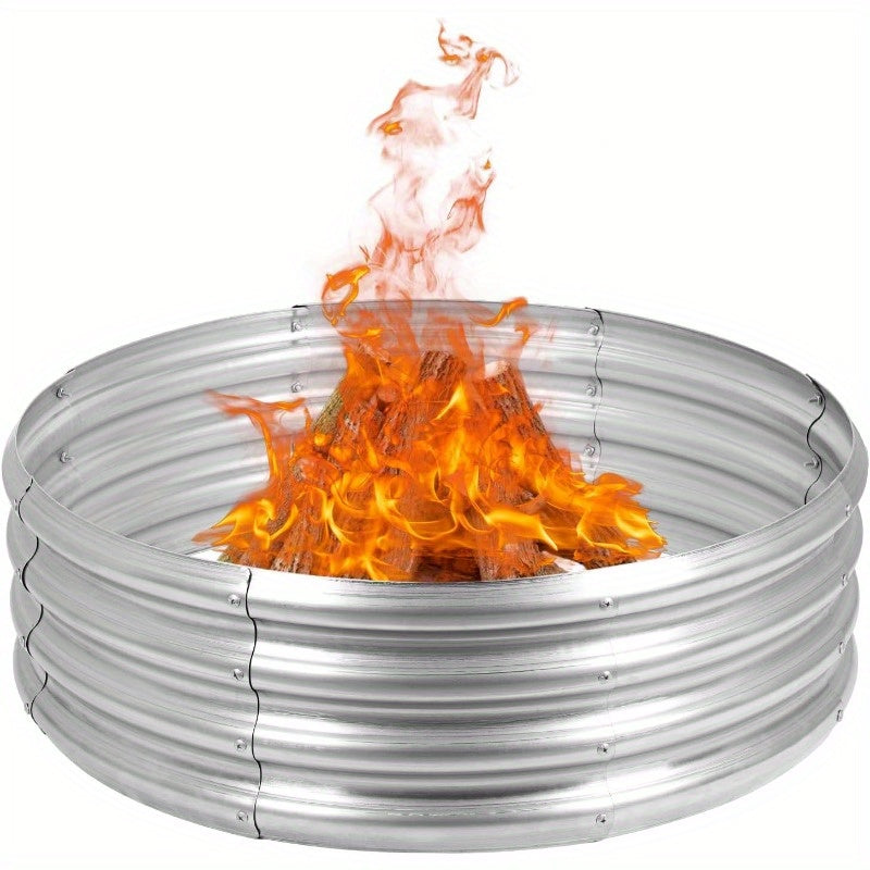 Galvanized Fire Pit Ring for Outside Wood Burning, Metal Firepit Liner for Above Ground Outdoor Camping Beach Backyard Park