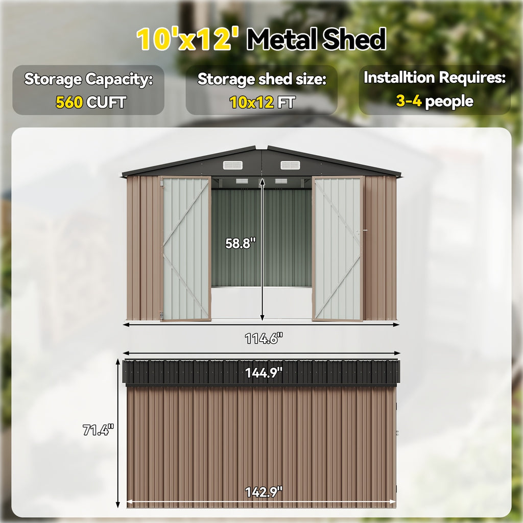 12x20x9.3/12x14/6x4ft Metal Storage Shed - Outdoor Garden Shed Kit, Lockable Tool Shed, Backyard Shed with Double Hinged Doors, 4 Windows, Carport for Car, Truck, Bike and Lawn Mower & Equipment, Brown