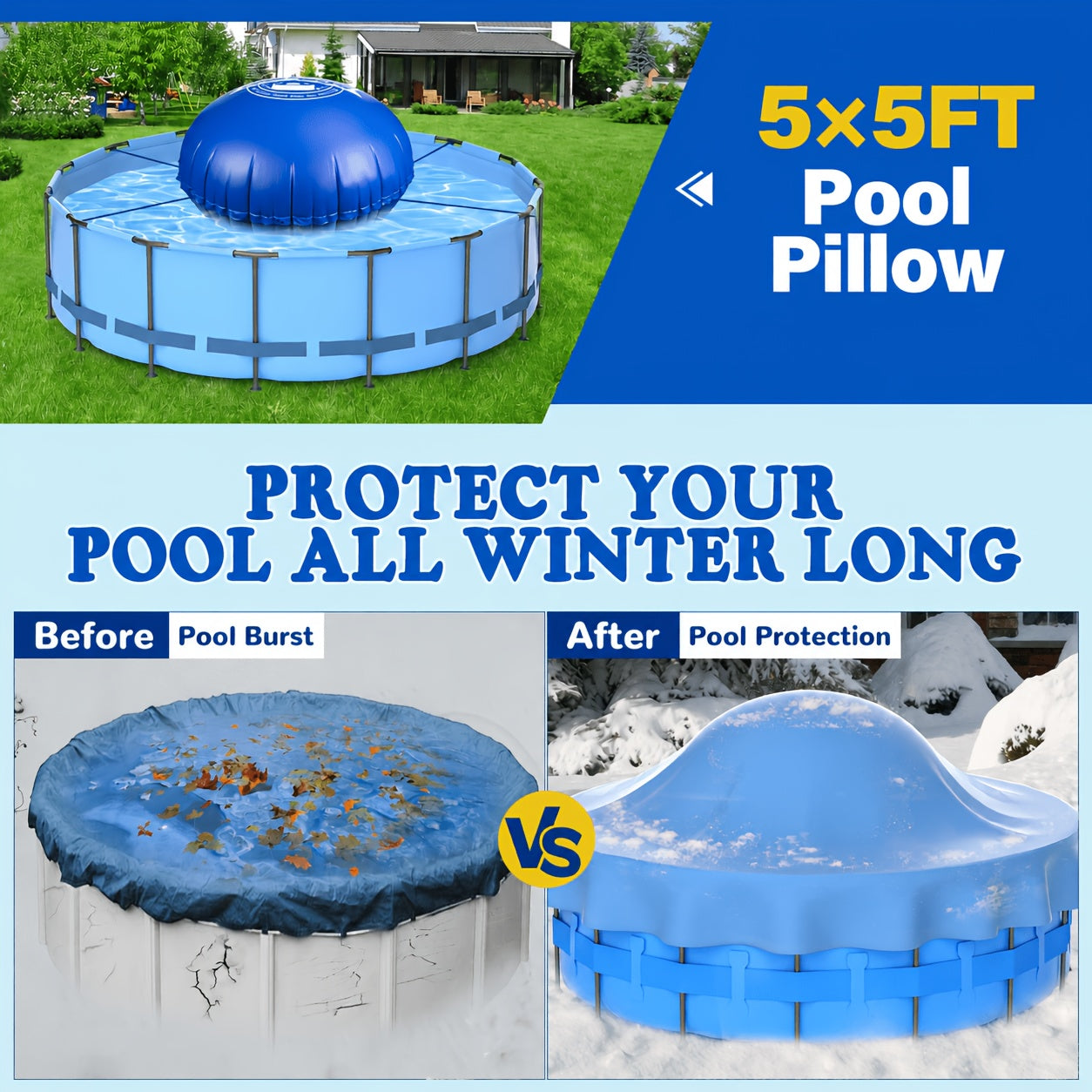 8 X 8ft Pool Pillows for Above Ground Pool, 0.5mm Thick PVC Cold-Resistant Pool Cover Air Pillow with 49.2ft Rope, Winterizing Ice Equalizer Inflated Closing Winter Kit for Supporting Pool Cover