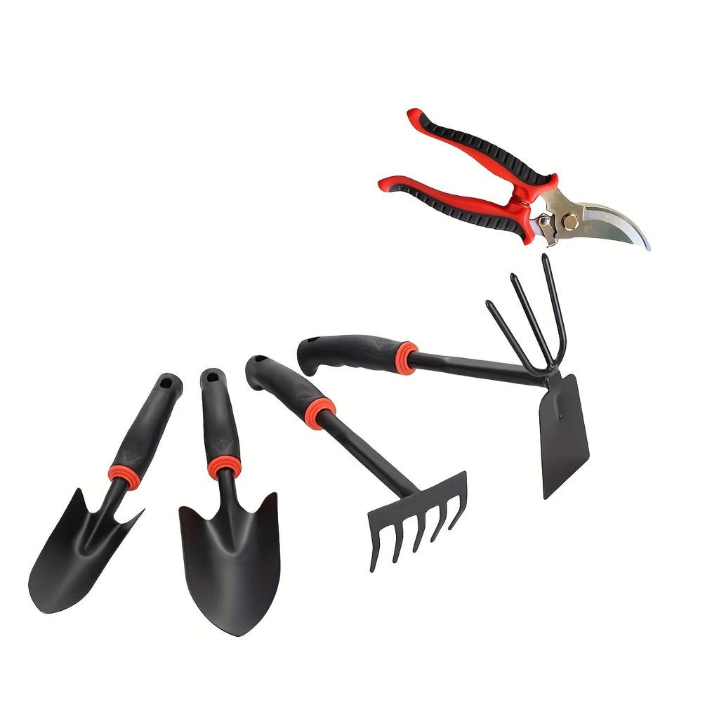 5pcs Gardening Tool Set with Anti-Slip Rubber Handle | Heavy-duty, Sturdy and Durable, Classic and Practical, Includes 2 Shovels, Rakes, Plowing and Transplanting Tools, Rust Proof Iron Tools, Rubber Grip