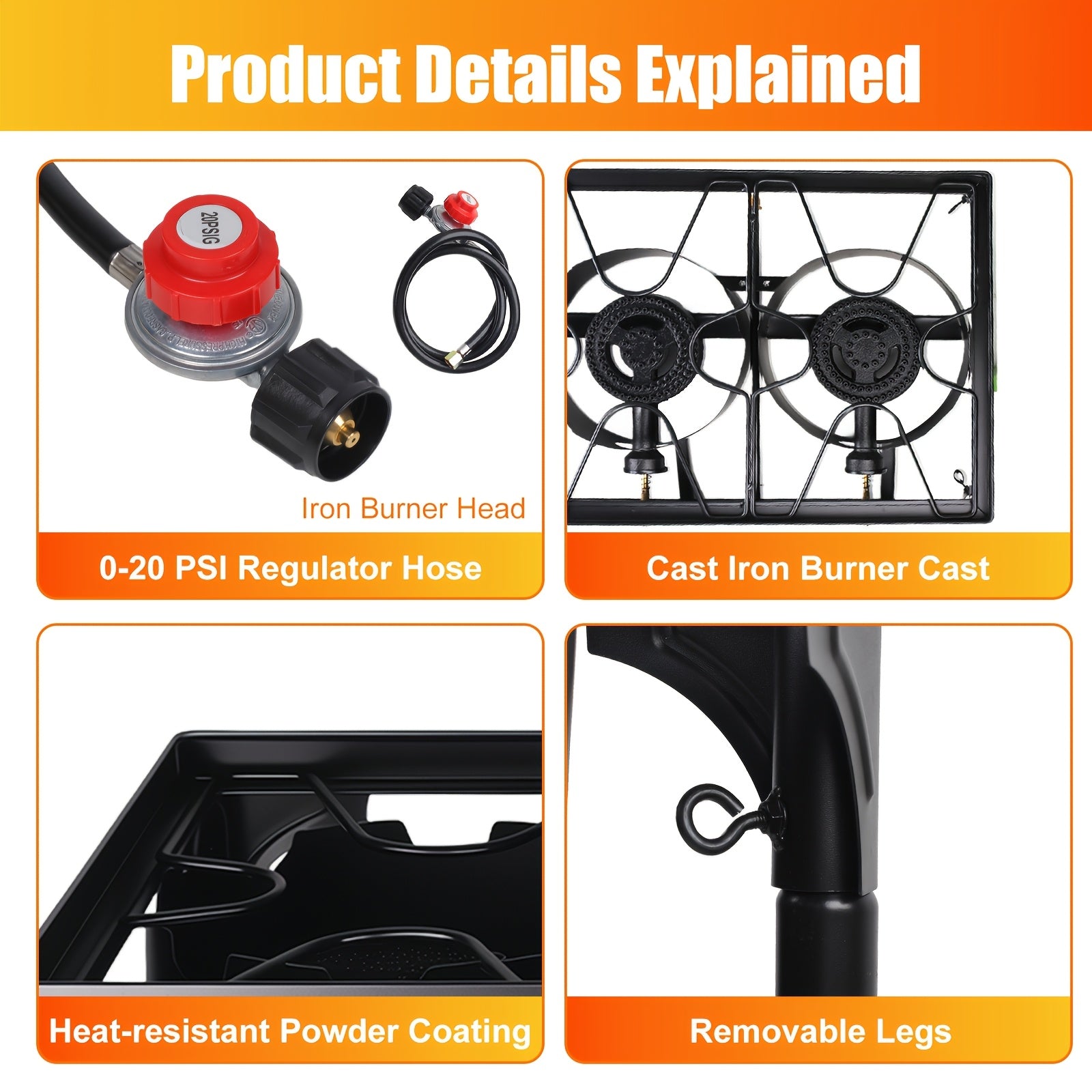 Outdoor Stove with 1 Burner & 3 Burner Options, High Pressure Propane Stove with Detachable Legs for Camping Patio Cooking, Outdoor Propane Stove, 3 Burner Propane Stove, Propane Burners for Outdoor Cooking