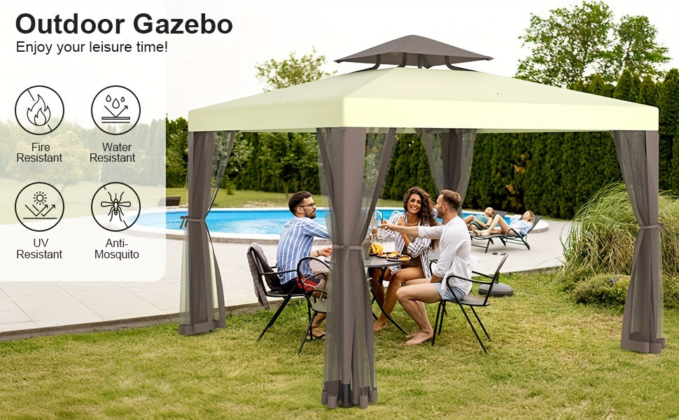Outdoor Gazebo, 10x10 Patio Gazebo Waterproof Canopy Tent UV-Resistant 2-Tier Top Sturdy Canopy Tent for Camping with Mosquito Netting for Garden Patio Backyard