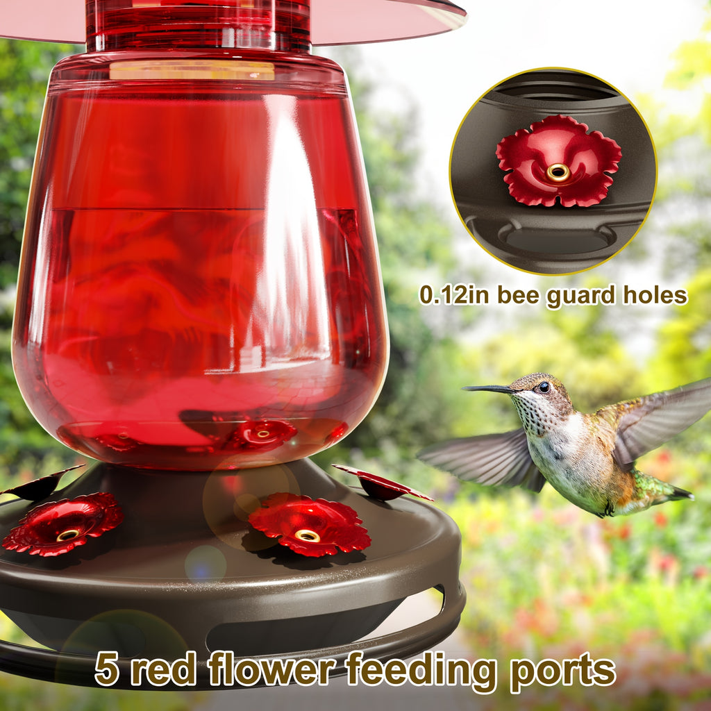 Auslar 16 Ounce Red Glass Hummingbird Feeder, Outdoor Hanging Barn Lantern Shape With 5 Flower Feeding Ports & Built-in Ant Moat, Rustproof & Leakproof - Garden Yard Decor Essential, Perfect Valentine'S Day & Mother'S Day Gift
