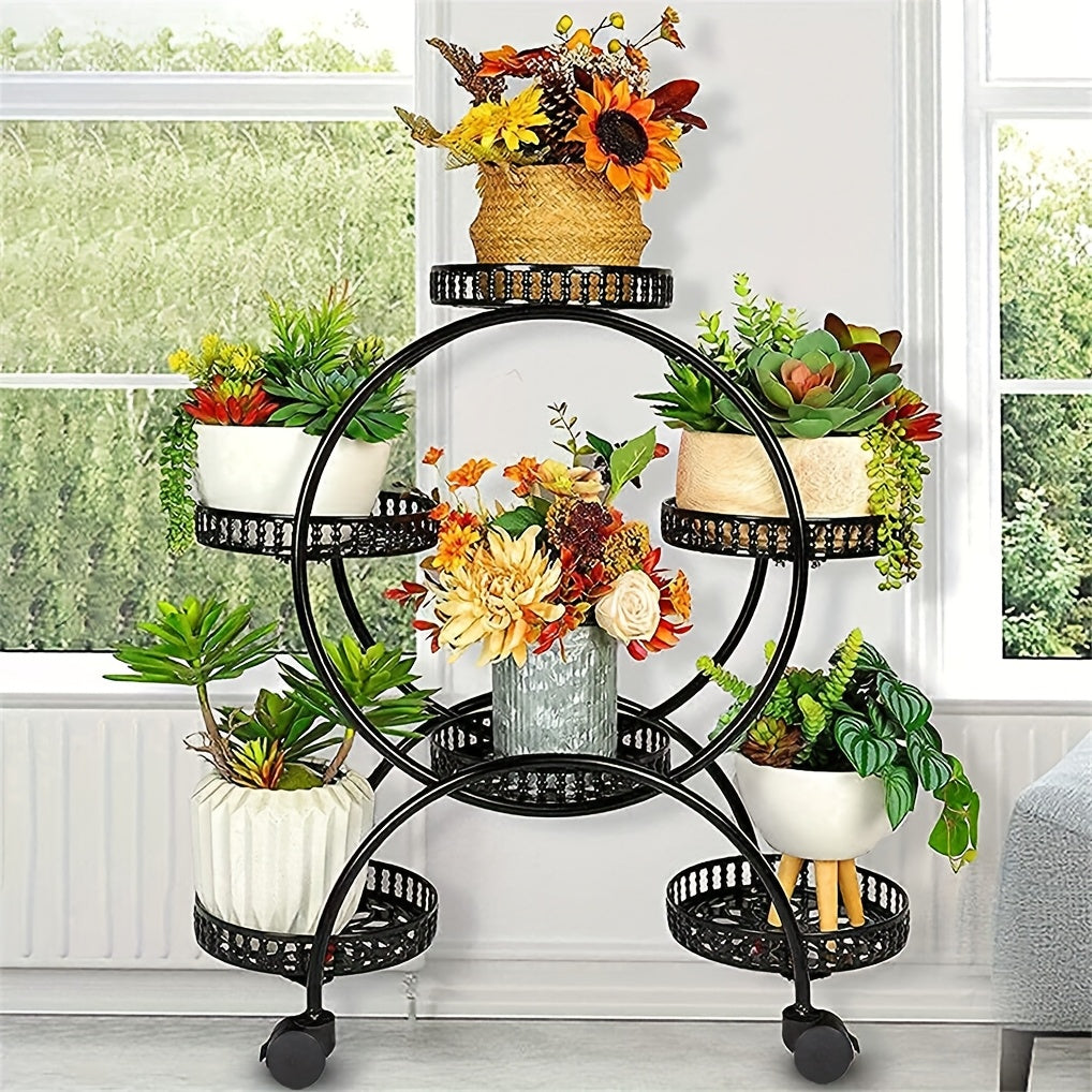 Six-Tiered Black Metal Plant Stand Garden Cart with Wheels for Displaying Flower Pots, Ideal for Home, Patio, Porch, And Balcony Decoration
