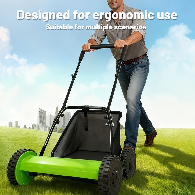 Durable Steel Construction, Precision-cut for Perfect Stripes, 12-inch 5-blade Manual Reel Push Mower, High-strength Steel Blades, Grass Catcher, Ergonomic U-shaped Handle, Dual-wheel Design. No Electricity Required, Suitable for Residential