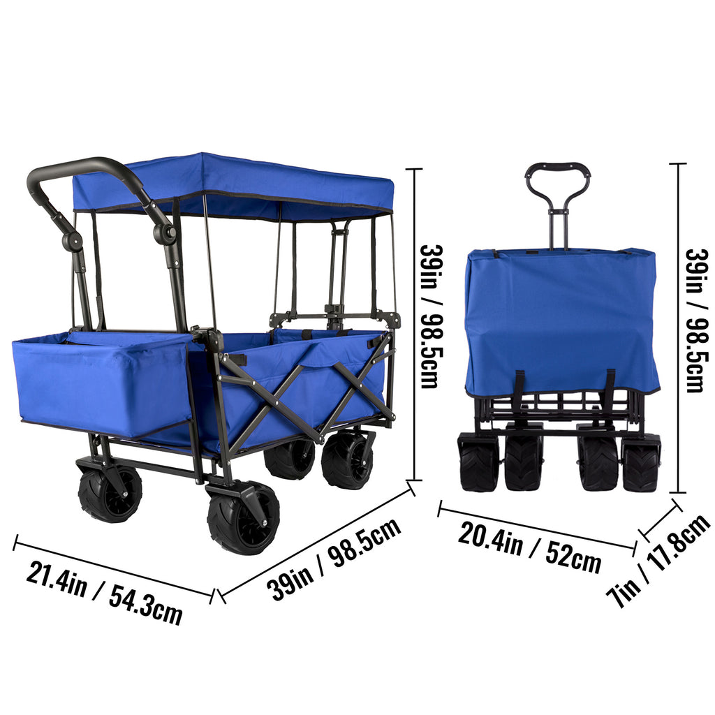 VEVOR Extra Large Collapsible Garden Cart with Removable Canopy, Folding Wagon Utility Carts with Wheels and Rear Storage, Wagon Cart for Garden, Camping, Grocery Cart, Shopping Cart