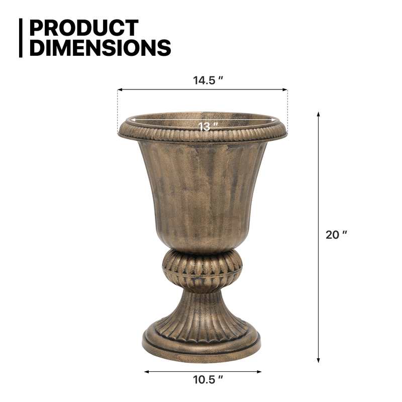 20" Urn Planters for Outdoor Plants, Large Decorative Front Porch Planters Set of 2, Tall Plastic Flower Pots for Garden, Patio & Entryway Dcor, Antique Brass