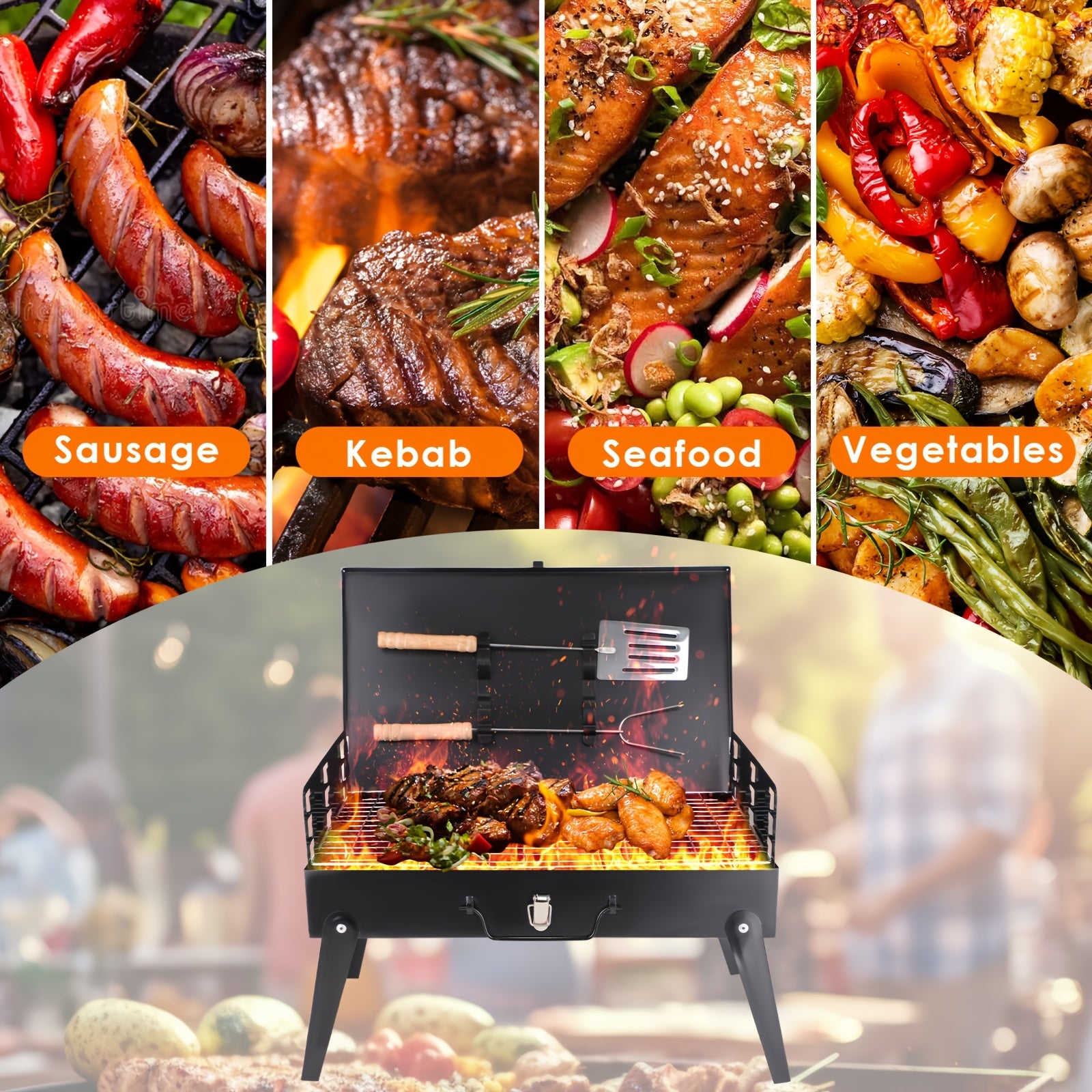 Portable BBQ Charcoal Grill - Compact Folding Cast Iron Grill Suitable for Wood/Charcoal/Pellet Fuel, Lightweight Outdoor & Barbecue Grill for Camping, Picnics, Tailgating, Beach, Backyard Parties - No Assembly Required, Cooking Area <400sqin