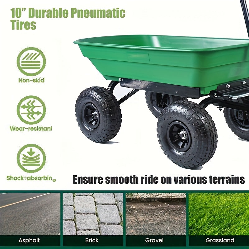 [Heavy-Duty Garden Cart] Heavy-Duty Steel Frame Garden Cart Yard Wagon | 220 Lb. Capacity, Quick-Release Dump Mechanism, All-Terrain 10" Pneumatic Tires - Green, Durable Plastic Body - for Lawn, Farm, Construction