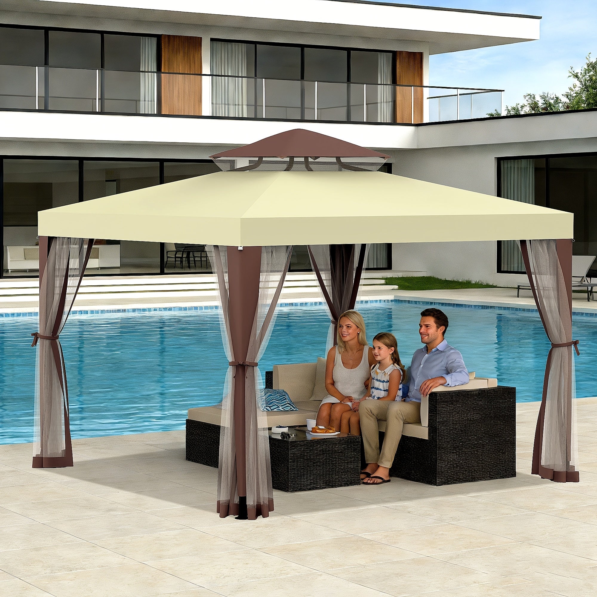 1pc 10' X 10' Gazebo with Mosquito Netting, 100 Sq Ft Shade, Terrace Gazebo with Mesh Sidewalls And Sturdy Steel Frame for Garden, Backyard Terrace BBQ Party