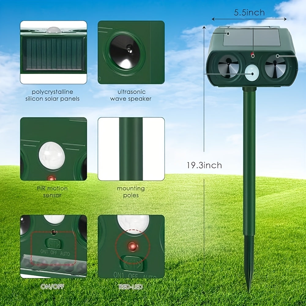 Solar-Powered Sonic Animal Repeller with Strobe Light And Motion Sensor - Keeps Wildlife Away from Yards, Gardens, And Property. IPX4 Rating, Weatherproof And Easy to Install. Sonic Technology