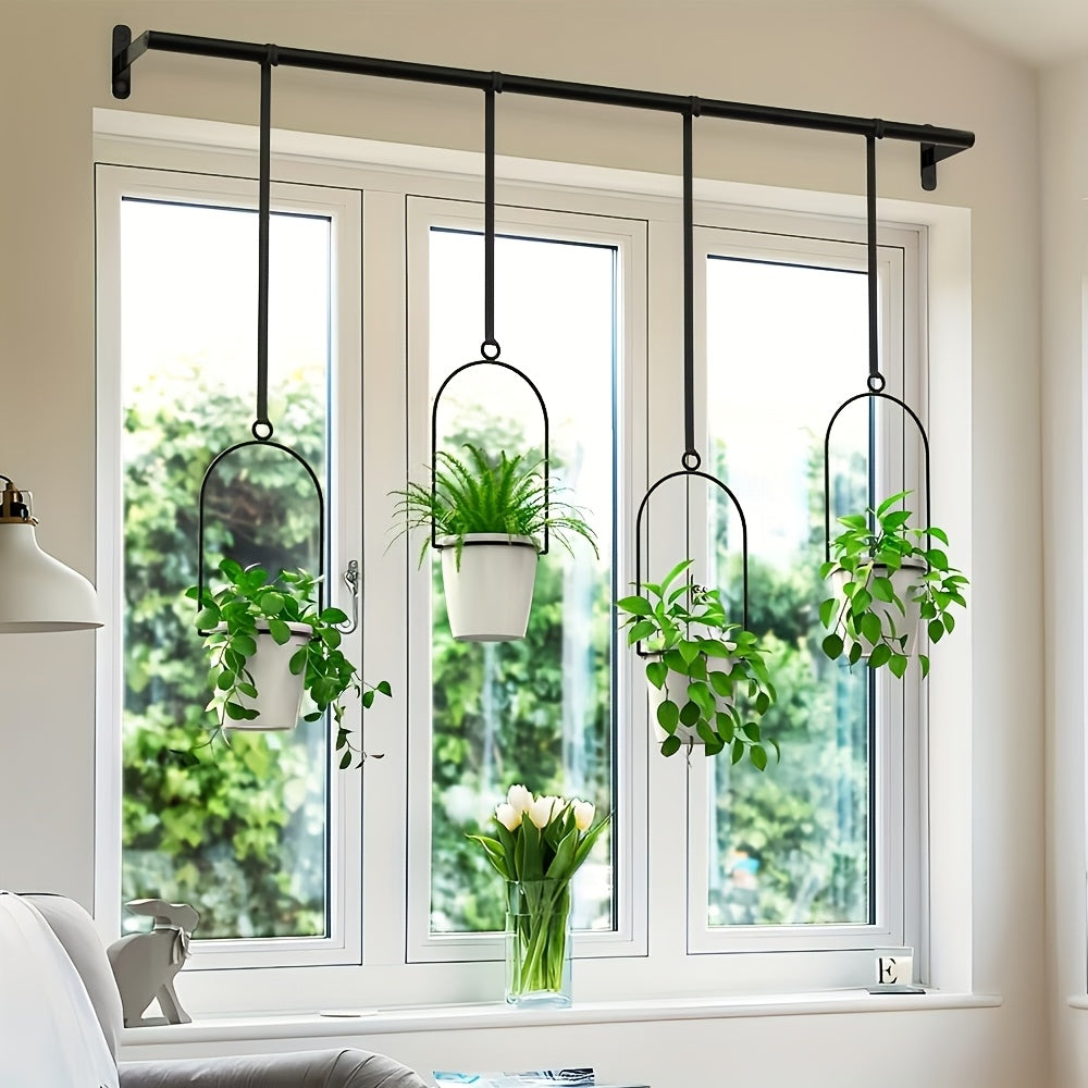 1 Set of Metal Adjustable Hanging Flower Pots, Attached 4 Plastic Flower Pots, Indoor Windows and Ceiling Herb Garden Tracks, Wall Plant Hanger with Nylon Rope, 11.8 Inches-18.1 Inch Wide Expandable Kitchen Drawer Rack, Kitchen Slide-out Storage Rack