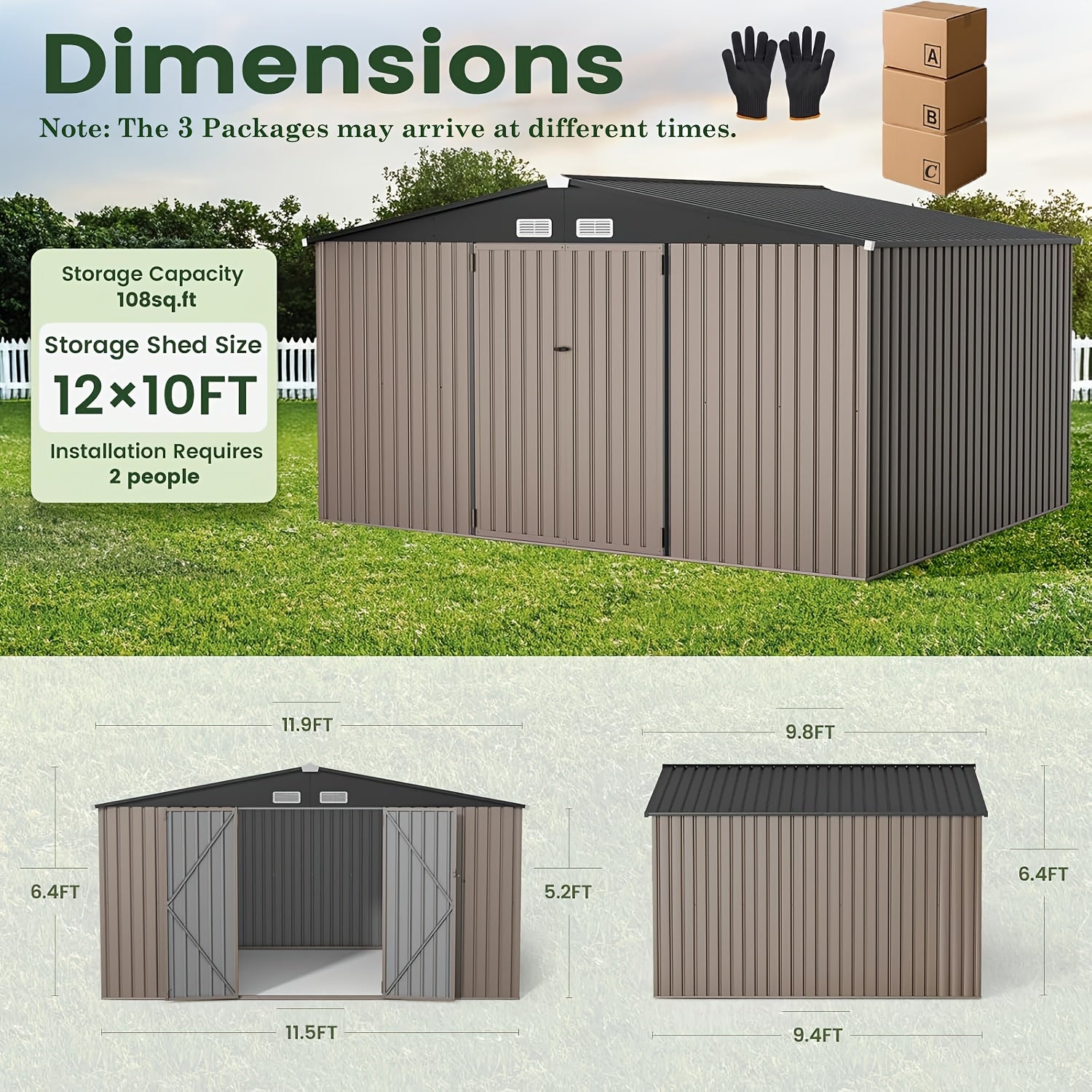 [Metal Storage Shed] 8x6ft (7.33'x5.28' Base, No Floor), 6 X 4ft, 10x12ft, 10x14ft, Metal Steel Outdoor Storage Shed with Air Vent & Lockable Doors, for Garden, Patio And Backyard, Tools, Bike