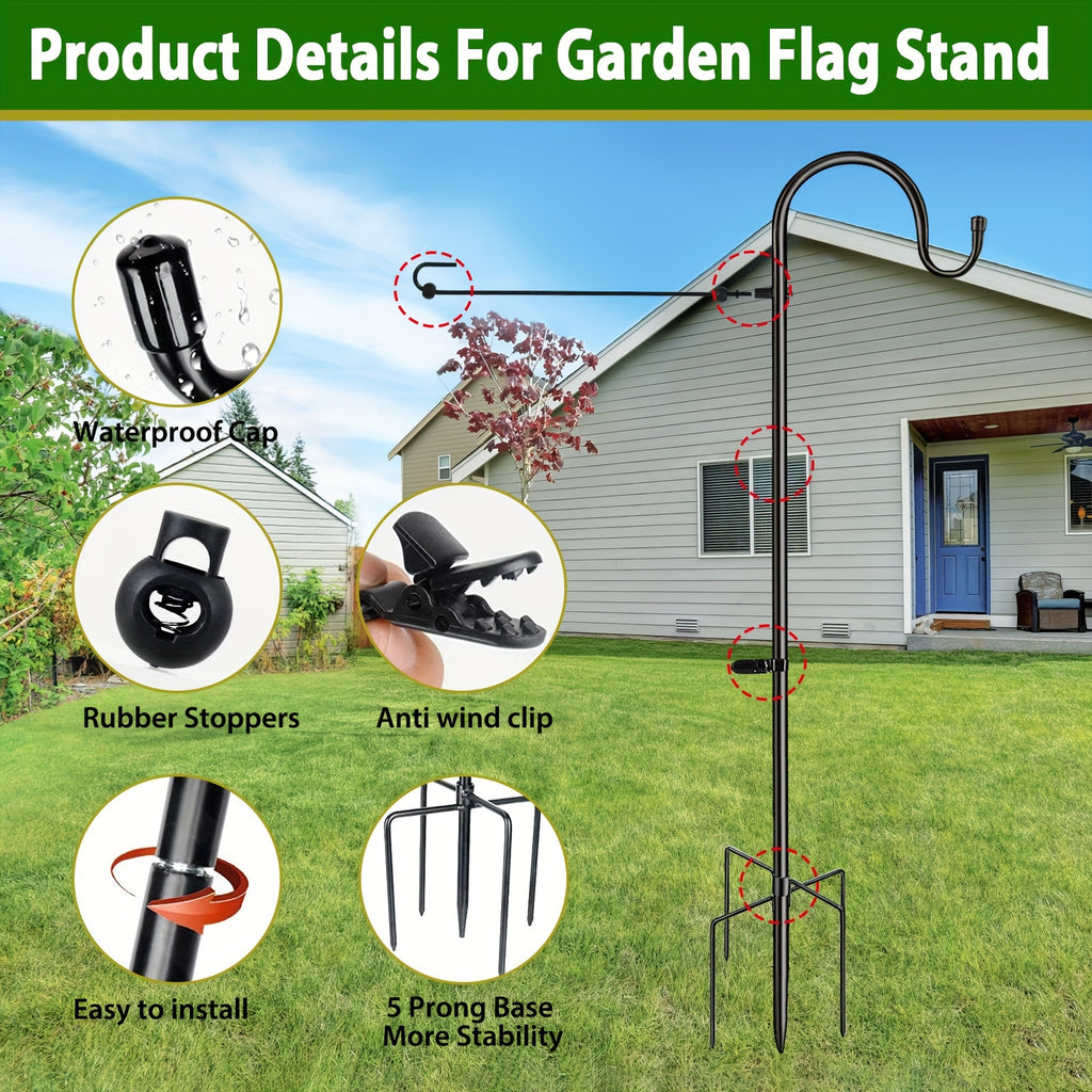 Fekyaeta Garden Flag Holder Stand And Shepherds Hooks, 47 Inch Height with 1/2 Inch Thick Metal Garden Flag Pole-Outdoor Lawn Yard Flag Holder Stake for Small Flag 12x18, Solar Lights-Mini Flag Holder
