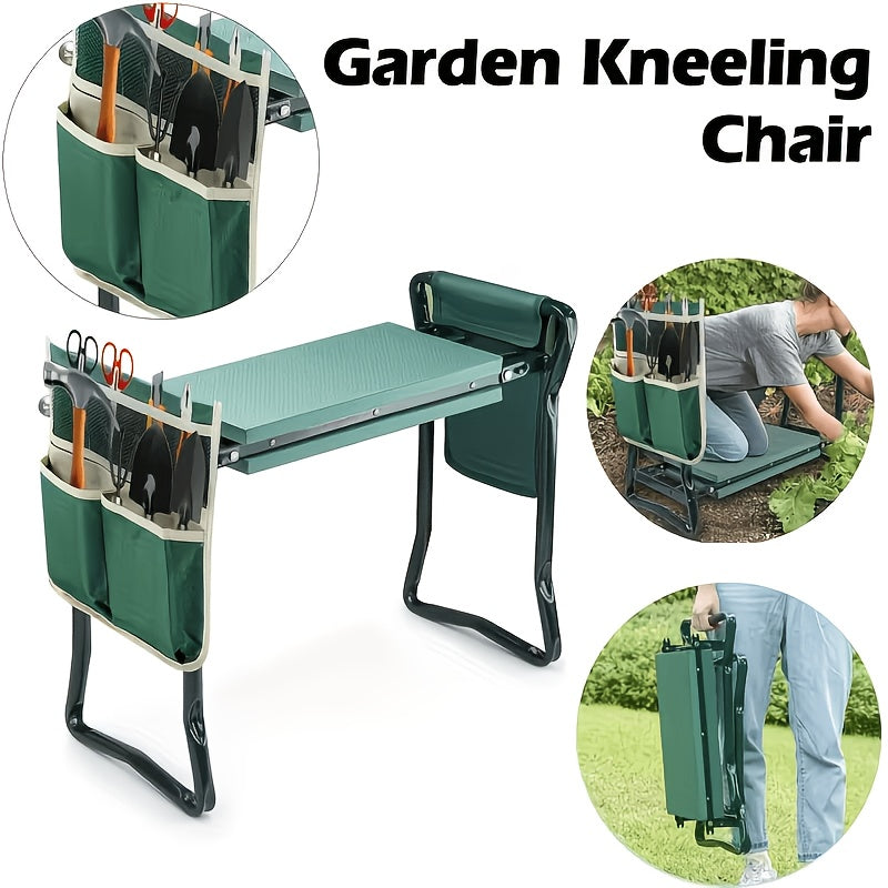 2-In-1 Green Metal Gardening Kneeling Stool Seat Set - Heavy Duty Gardening Kneeling And Sitting Dual Purpose Stool, Foldable Garden Bench with Tool Bag, Thick Knee Pads And Stable Armrests to Relieve Knee Pain, Ideal Gift for Gardeners