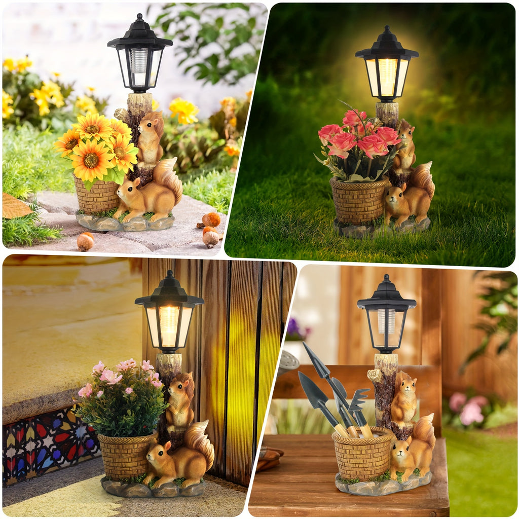 Outdoor Squirrels Flowerpot Garden Statues Sculpture Figurine Decor Solar Powered Light Planter Succulent(not Include Artificial Flowers) Valentine's Day Gifts Decorations