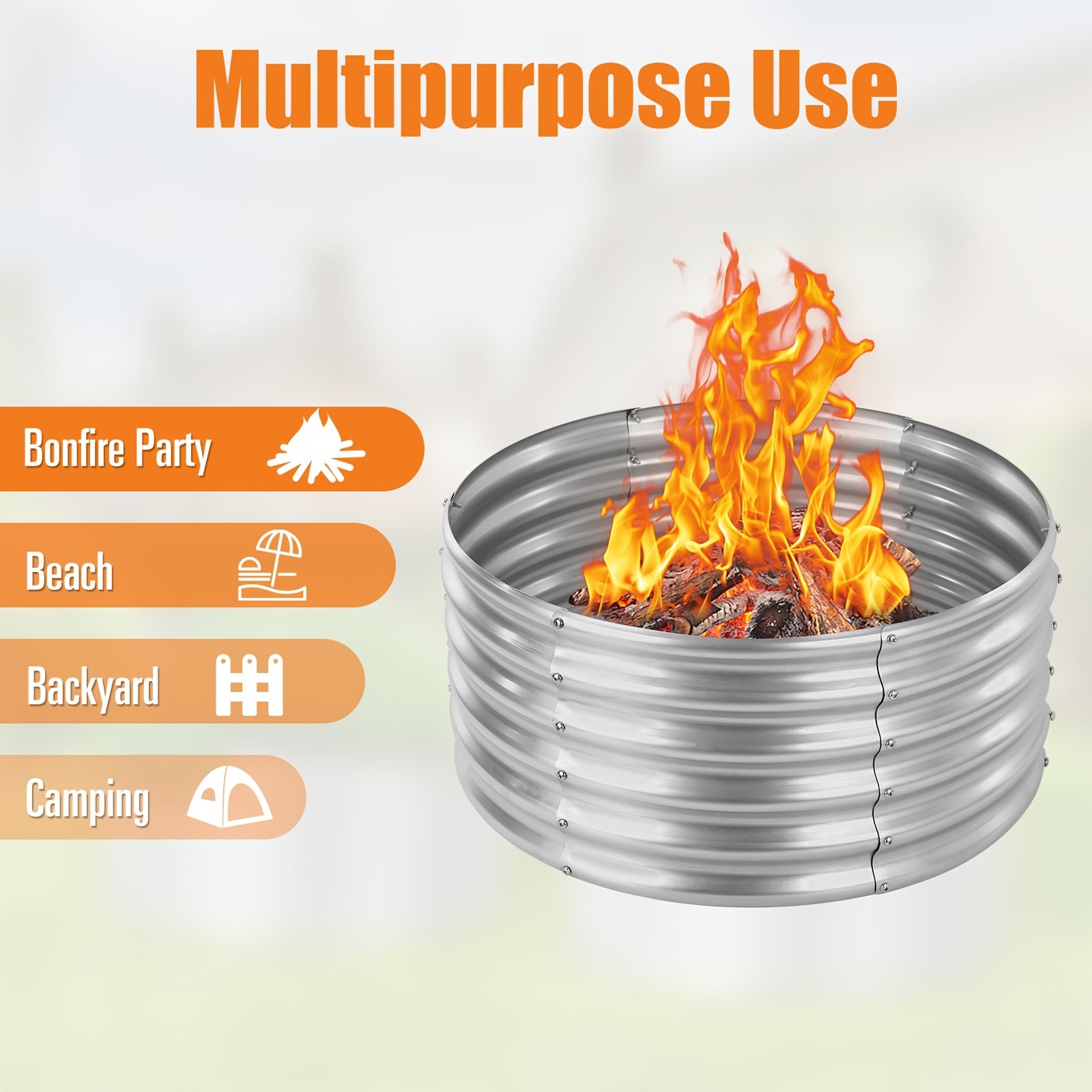 24/36/47 Inch Round Galvanized Fire Pit Ring for Outside Wood Burning, Metal Firepit Liner for Above Ground Outdoor Camping Beach Backyard Park