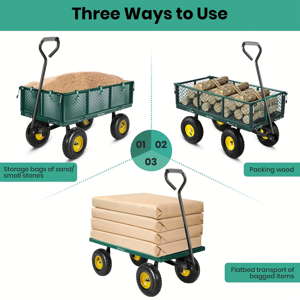[800LBS Heavy Duty Garden Cart] GVDV Garden Cart with With Wheels, Removable Mesh Sides & 180° Rotating Handle - Dump Wagon for Yard/Garden/Beach, 10" All-Terrain Wheels,