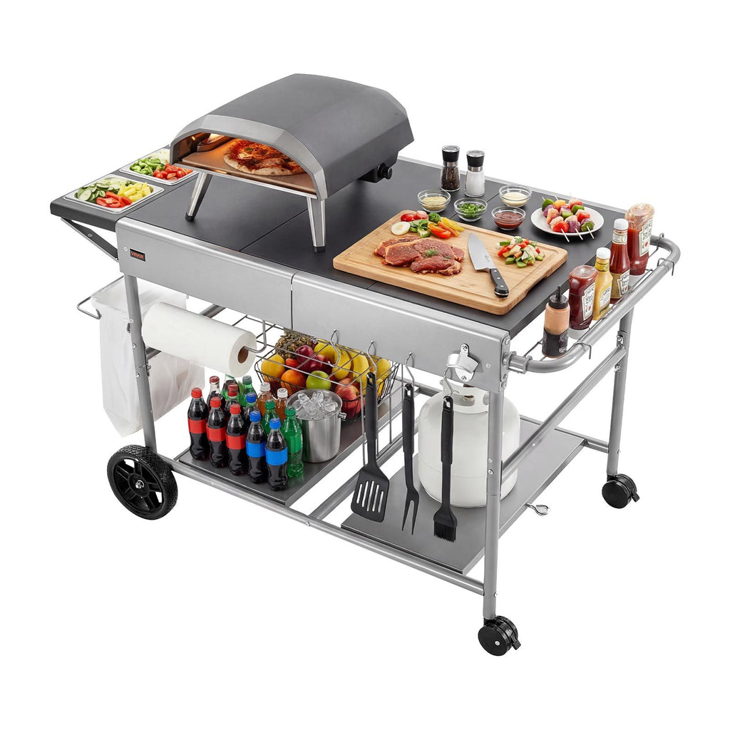 VEVOR Outdoor Grill Cart, 36.4 x 23.4 x 1 inch Tabletop Size Grilling Table, Movable Outdoor Cooking Table with 4 Spice Containers, Wheels, Lids, Hooks, BBQ Prep Tables for Picnic, Kitchen, Courtyard