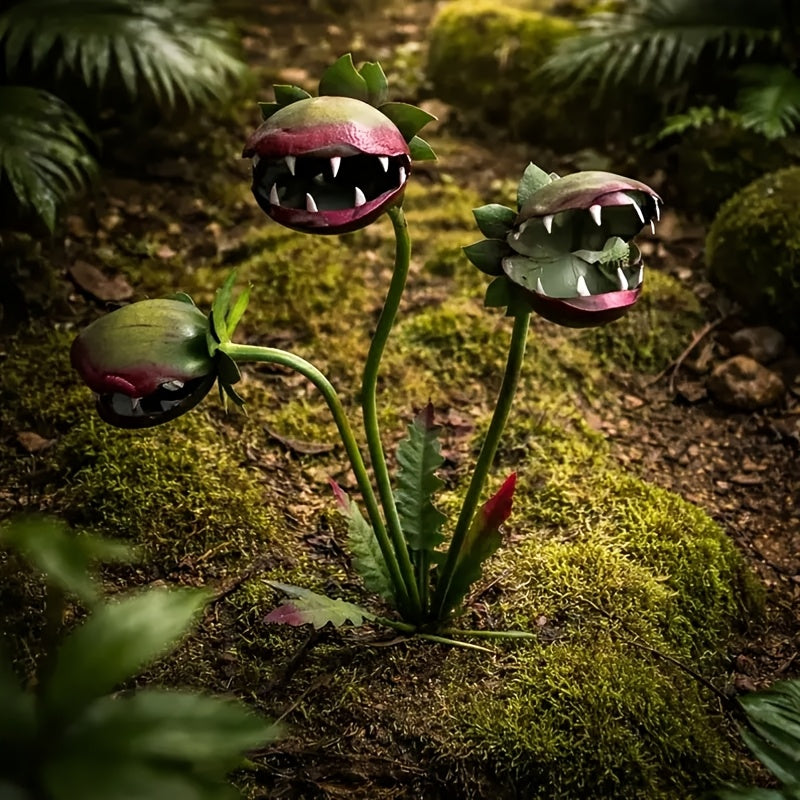[3D] [3D] Fun Meat Garden Plaque, Garden Decor for Outside, Halloween Decorations, 3D Terrifying Painted Metal Three-headed Outdoor Flower Meat Sculpture Plaque, Garden Vegetable Climbing Structure, Flowerpots, Garden And Lawn Decoration Plaque
