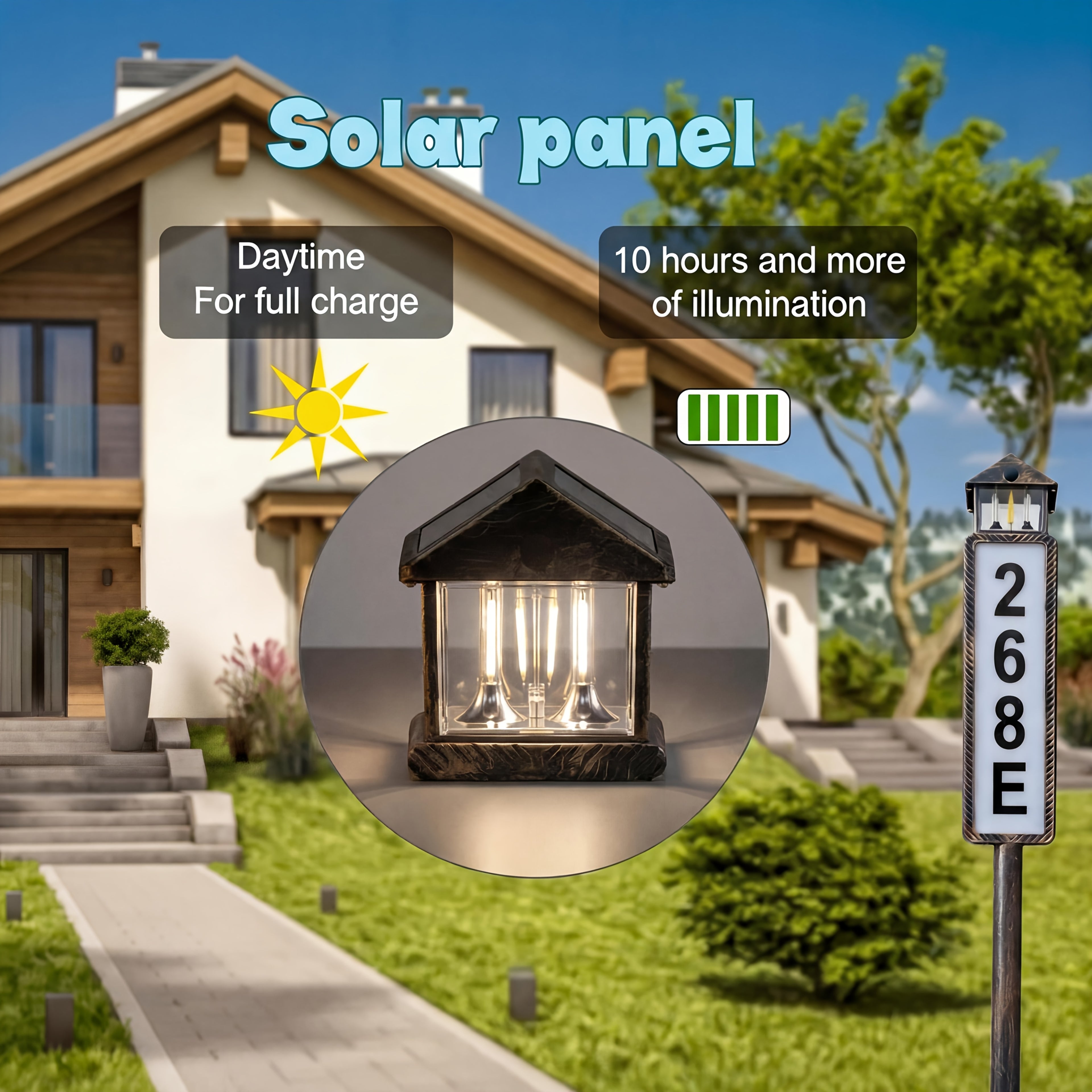 Solar Powered Address Sign with 3 Color Modes, IP44 LED Illuminated House Numbers for Outside, Yard, Apartment, Street - Easy to Install