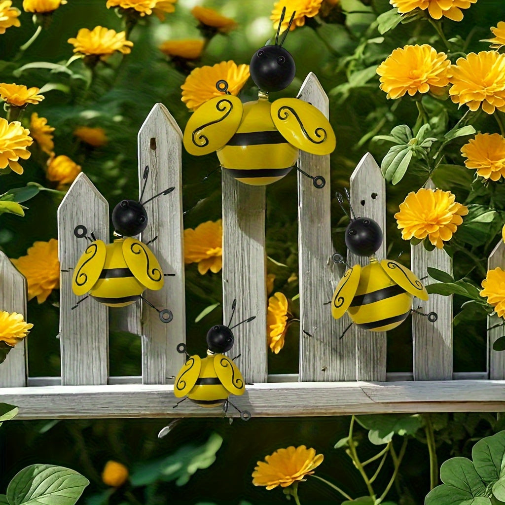 4pcs Cute Metal Bee Outdoor Decoration - Semi 3D Bee Outdoor Wall Hanging Art - Family Bee Decoration Garden, Courtyard, Fence, Terrace
